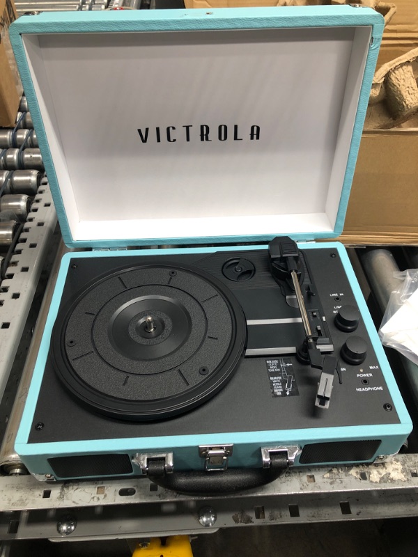 Photo 2 of Victrola Vintage 3-Speed Bluetooth Portable Suitcase Record Player with Built-in Speakers | Upgraded Turntable Audio Sound| Includes Extra Stylus | Turquoise, Model Number: VSC-550BT