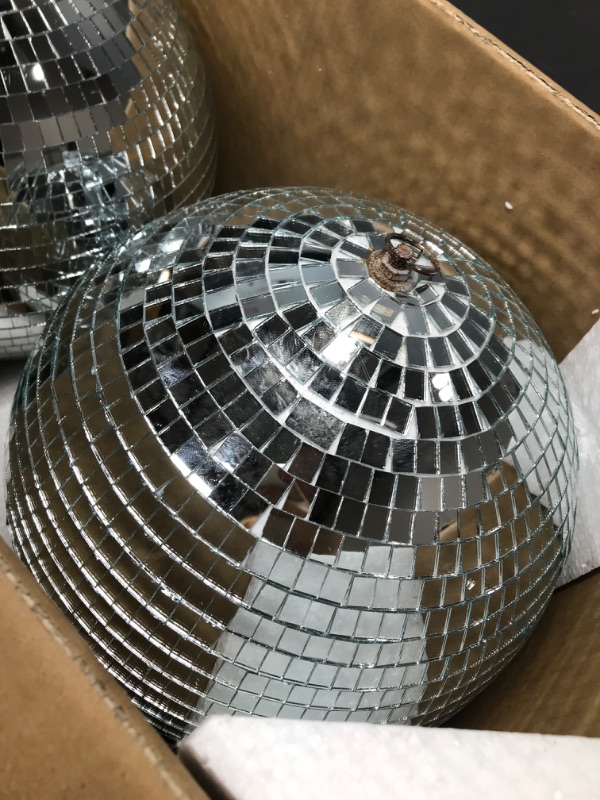 Photo 4 of 2 Pack Large Disco Ball Silver Hanging Mirror Disco Ball Reflective Mirror Disco Ball Ornament for Party Holiday Wedding Dance Music Festivals Decor Club Stage Props DJ Decoration (12 Inch, 12 Inch)