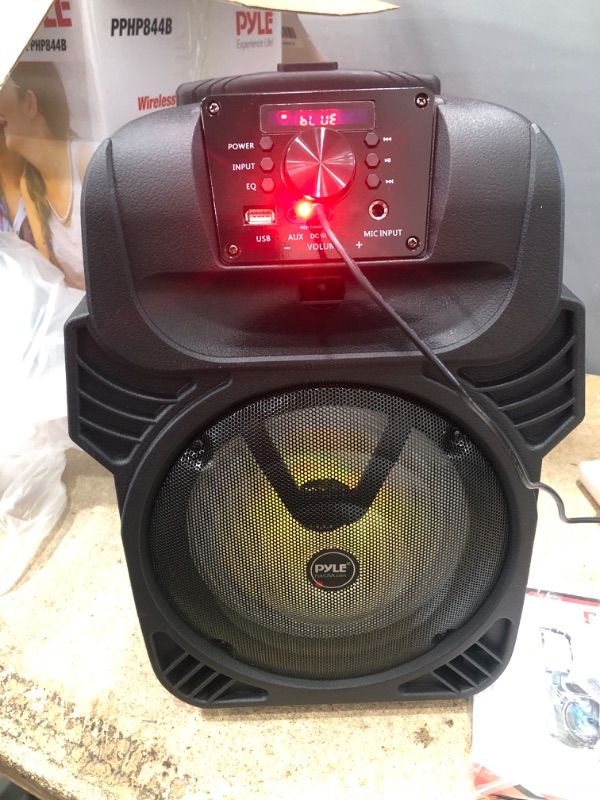 Photo 4 of ***POWERS ON*** 400W Portable Bluetooth PA Loudspeaker - 8” Subwoofer System, 4 Ohm/55-20kHz, USB/MP3/FM Radio/ ¼ Mic Inputs, Multi-Color LED Lights, Built-in Rechargeable Battery w/ Remote Control - Pyle PPHP844B