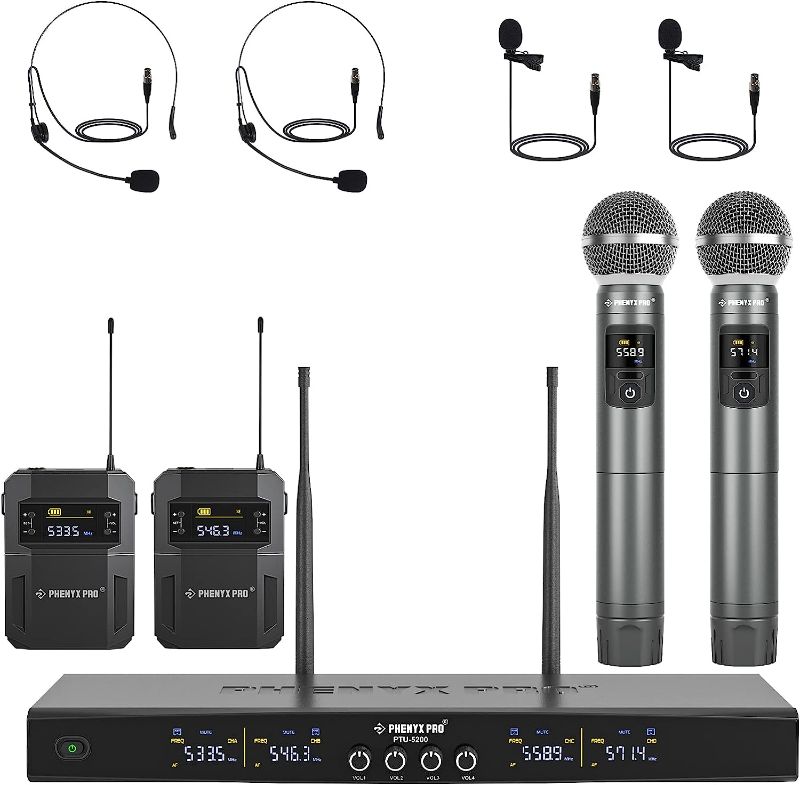 Photo 1 of Phenyx Pro Wireless Microphone System, 4-Channel Wireless Mic Set with Handheld/Bodypack/Headset/Lapel Mics, Cordless Mic for Singing, Karaoke, Church (PTU-5200B)