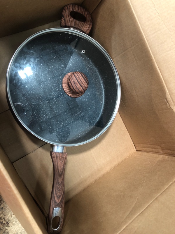 Photo 3 of ***SEE NOTES*** Hamilton Beach Saute Pan Aluminum 11-Inch Nonstick Marble Coating, Wood like Soft Touch Handle, Multipurpose Fry Pans with Glass Lid, Chef Pan Stone Cookware Cooking Pan, Induction Bottom, PFOA Free