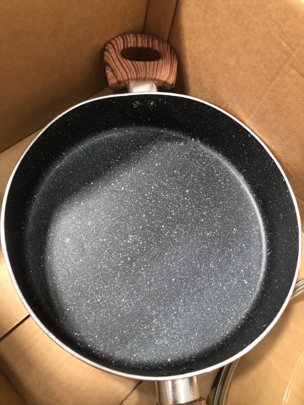 Photo 2 of ***SEE NOTES*** Hamilton Beach Saute Pan Aluminum 11-Inch Nonstick Marble Coating, Wood like Soft Touch Handle, Multipurpose Fry Pans with Glass Lid, Chef Pan Stone Cookware Cooking Pan, Induction Bottom, PFOA Free