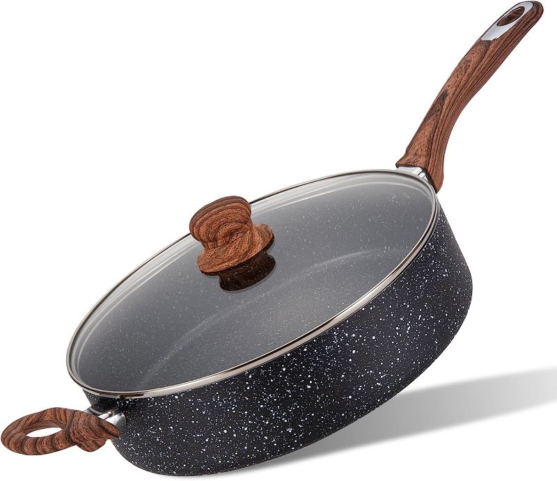 Photo 1 of ***SEE NOTES*** Hamilton Beach Saute Pan Aluminum 11-Inch Nonstick Marble Coating, Wood like Soft Touch Handle, Multipurpose Fry Pans with Glass Lid, Chef Pan Stone Cookware Cooking Pan, Induction Bottom, PFOA Free