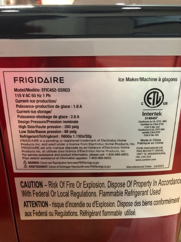 Photo 3 of ***POWERS ON*** FRIGIDAIRE EFIC452-SS 40 Lbs Extra Large Clear Maker, Stainless Steel, Makes Square Ice