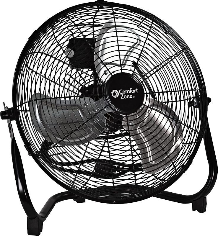 Photo 1 of Comfort Zone CZHV14B 14” High Velocity 3-Speed Cradle Mount Floor Fan with 180-Degree Adjustable Tilt, All-Metal Construction, Carry Handle and Rubber Feet for Stability, Black
