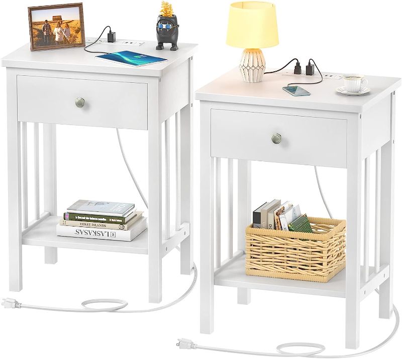 Photo 1 of 
Homykic White Nightstand with Charging Station, Bamboo Nightstands Set of 2 with USB Ports and Outlets, Bedside Table End Table Side Table with Drawer and...