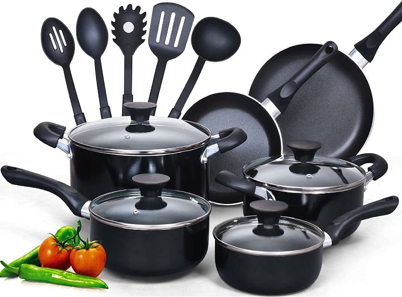 Photo 1 of **DAMAGED**Cook N Home 15-Piece Nonstick Stay Cool Handle Cookware Set, Black
