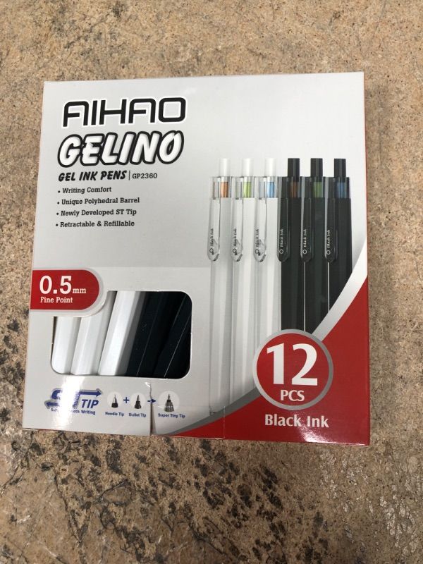 Photo 2 of AIHAO Premium Gel Ink Pen, Fine Point Black ink, 12 Pack, Black & White Pen Body, Smooth Writing, 0.5mm (ST tip)