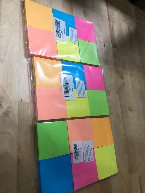 Photo 2 of 3pcks of Teskyer 600 Sheets Sticky Notes, 3x3 Inch, 6 Pads Strong Adhesive Self-Stick Notes, 6 Bright Colors, 100 Sheets/Pad Yellow, Orange, Green, Pink, Blue, Purple Unlined