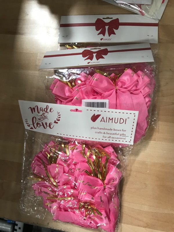 Photo 2 of  3 AIMUDI Hot Pink Just for You Mother's Day Bows 3.5" Premade Pink and Gold Twist Tie Bows for Treat Bags Pink Bows for Gift Wrapping Crafts Party Favors Cake Pop Baby Shower-50 Counts