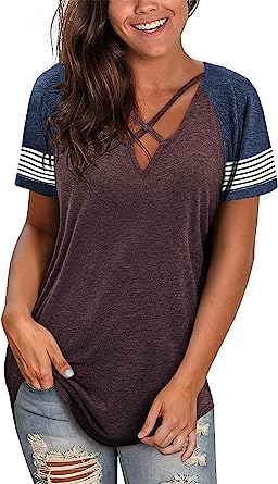 Photo 1 of *** SIZE - SMALL *** Womens T Shirts Summer Tops 2023 Casual Short Sleeve Shirts V Neck Lace Eyelet Top Sexy Criss Cross Loose Cute Tunic Tee