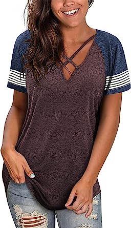 Photo 1 of *** SIZE - SMALL *** Womens T Shirts Summer Tops 2023 Casual Short Sleeve Shirts V Neck Lace Eyelet Top Sexy Criss Cross Loose Cute Tunic Tee
