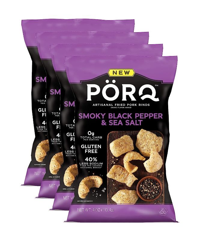 Photo 1 of ***EXP AUG 16 2023*** PORQ Artisanal Fried Pork Rinds, Smoky Black Pepper & Sea Salt with Smoke Flavor Added, Gluten Free, Low Carb & Keto Friendly Snack, 4-Ounce Bag (Pack of 3)