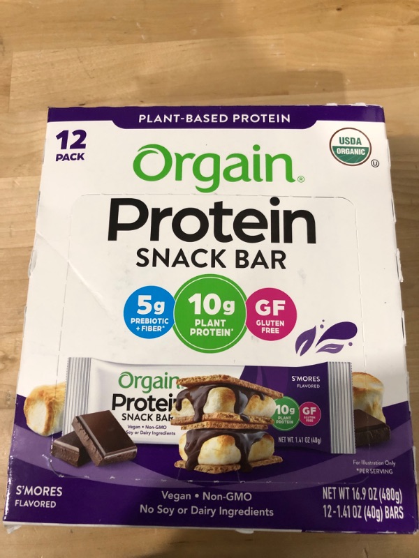 Photo 2 of ***EXP 08/09/2023*** Orgain Organic Plant Based Protein Bar, S'Mores - 10g of Protein, Vegan, Gluten Free, Non Dairy, Soy Free, Lactose Free, Kosher, Non-GMO, 1.41 Ounce, 12 Count (Packaging May Vary)