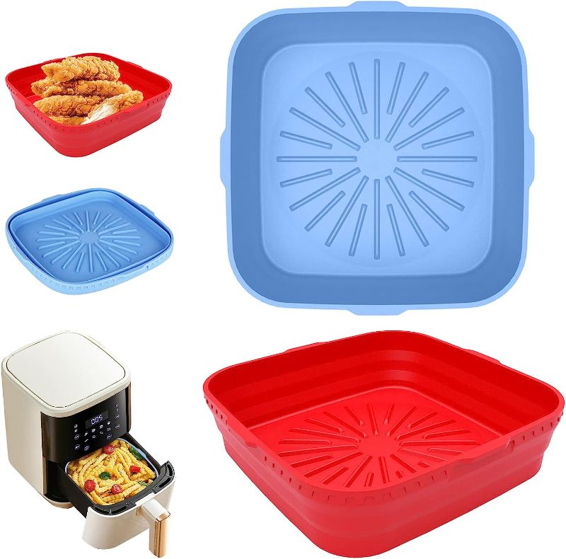 Photo 2 of 2-Pack Square Silicone Liners 8 inch Reusable Air Fryer Basket for 4 to 7 QT Air Fryer Inserts for Oven Microwave Accessories (Red+Blue)