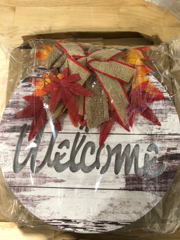 Photo 2 of ***SEE NOTES*** Lighted Thanksgiving Fall Wreath Welcome Sign for Front Door Decor with Timer Battery Powered Rustic Wood Hanging Sign Autumn Harvest Wall Fall Door Decorations Home Outdoor Indoor