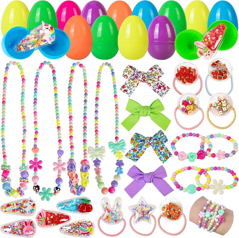 Photo 1 of 34 Pcs Easter Basket Stuffers for Girls with 24 Pcs Easter Eggs, Hair Clips Ties Accessory, Necklace Bracelets Toys Set Easter Egg Fillers Gifts for Girls Party Favors Decorations Dress Kit