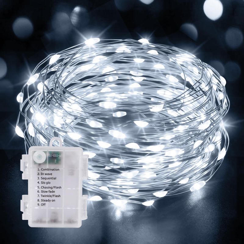 Photo 1 of 2 pk- KNONEW Led Fairy Lights Battery Operated, 33FT 100 LED Copper Wire Led String Lights, 8 Modes Waterproof Fairy Lights for Wedding, Wedding Bedroom Centerpiece Indoor Outdoor Decorations (Cool White) Cool White 33ft