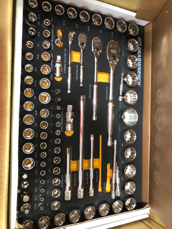 Photo 1 of GEARWRENCH 83 Pc. 1/4, 3/8", 1/2" 90-Tooth SAE/Metric Mechanics Tool Set with EVA Foam Tray - 86529 Socket and Drive set