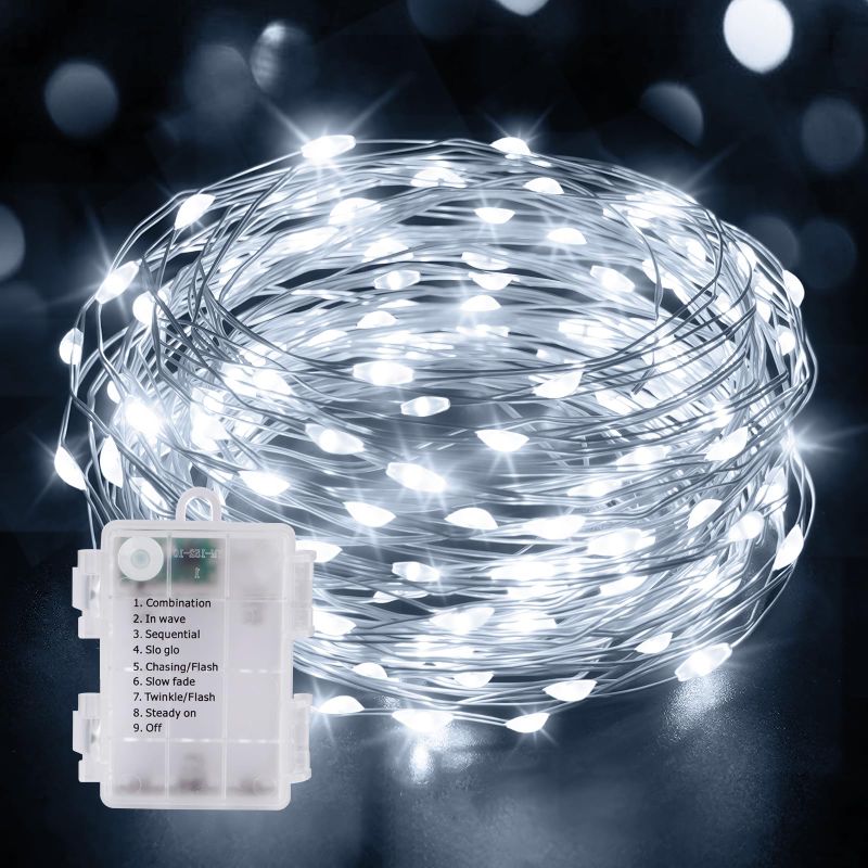 Photo 1 of 2 PK- KNONEW Led Fairy Lights Battery Operated, 33FT 100 LED Copper Wire Led String Lights, 8 Modes Waterproof Fairy Lights for Wedding, Wedding Bedroom Centerpiece Indoor Outdoor Decorations (Cool White) Cool White 33ft