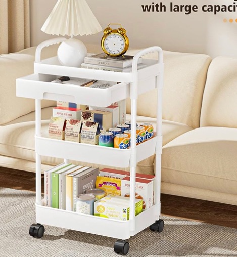 Photo 1 of 3-Tier Rolling Cart wiht Drawer, Multifunctional Utility Cart Craft Art Cart Trolley Organizer with Plastic Shelf & Metal Wheels, Storage Cart for Kitchen,Bathroom,Living Room,Office,White