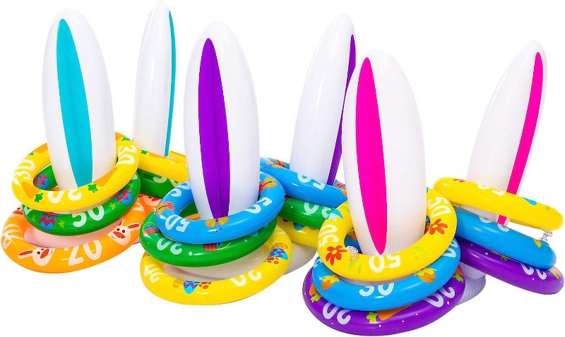 Photo 1 of 2 item bundle 
JOYIN Inflatable Bunny Ear Ring Toss Game (3 Sets & 18 Rings), Blue, Pink, and Purple Rabbit Ears and Colorful Rings for Inflatable Toss Game, Indoor and Outdoor Game for Easter Party Supplies…
