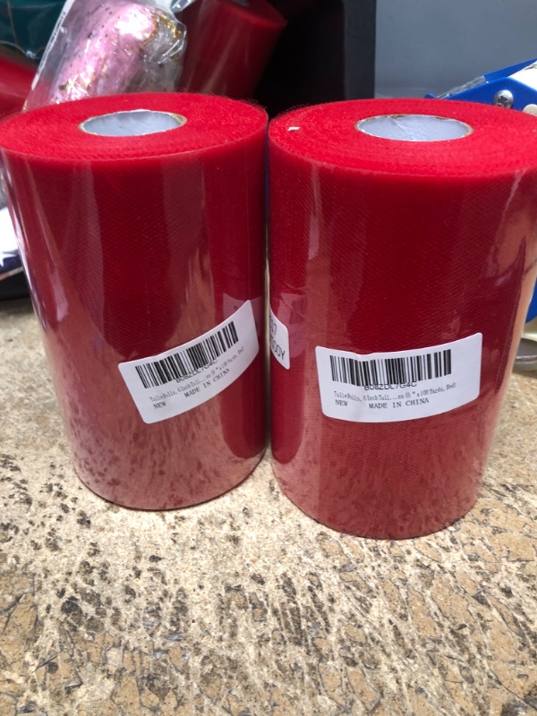 Photo 1 of 2pcks of Tulle Rolls, 6 Inch Tulle Fabric Spool/Roll,Wedding Tulle Fabric Bolt Spool for Tutu Skirt Crafting Favors Pew Bow Party Decorations (6“ x 100 Yards, Red) 6“ x 100 Yards Red