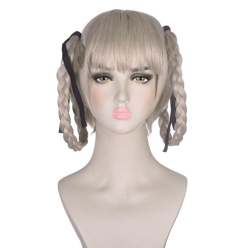 Photo 1 of FANNICA Short Straight Silver Wig with Bangs Hair with Two Braids for Anime Kirari Momobami Cosplay Hallowee