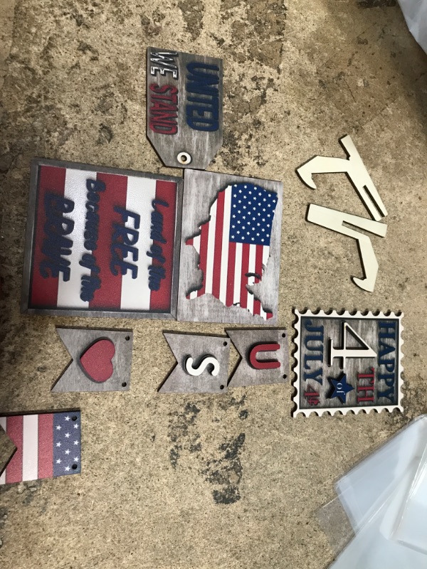 Photo 1 of 10 Pcs 4th of July Patriotic Country Letters Wooden Mini Sign Tiered Tray Decors Set for Home Farmhouse Memorial Day Veterans Day