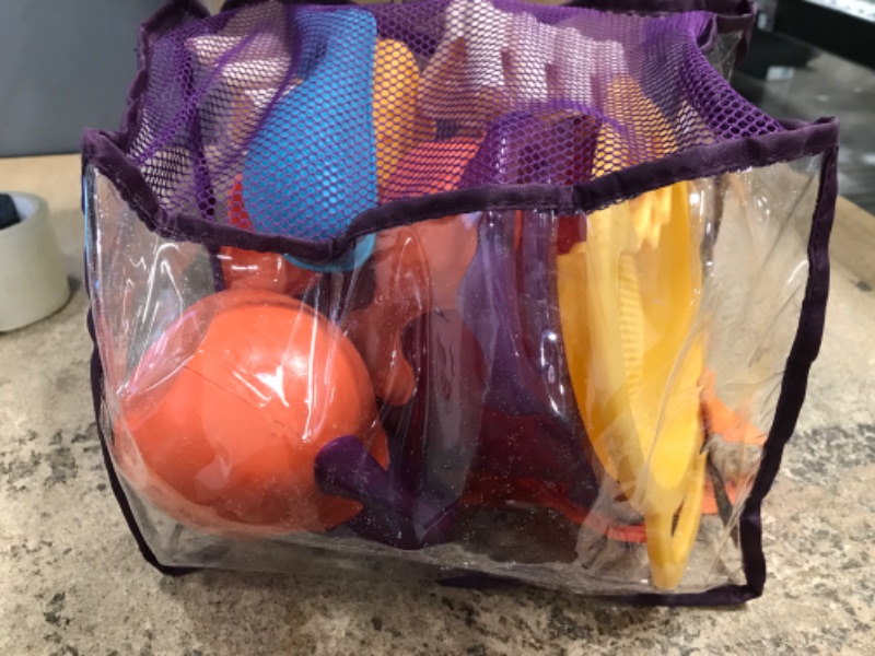 Photo 2 of B. toys – B. Ready Beach Bag – Beach Tote with Mesh Panel and 11 Funky Sand Toys – Phthalates and BPA Free – 18 m+, Purple Bucket