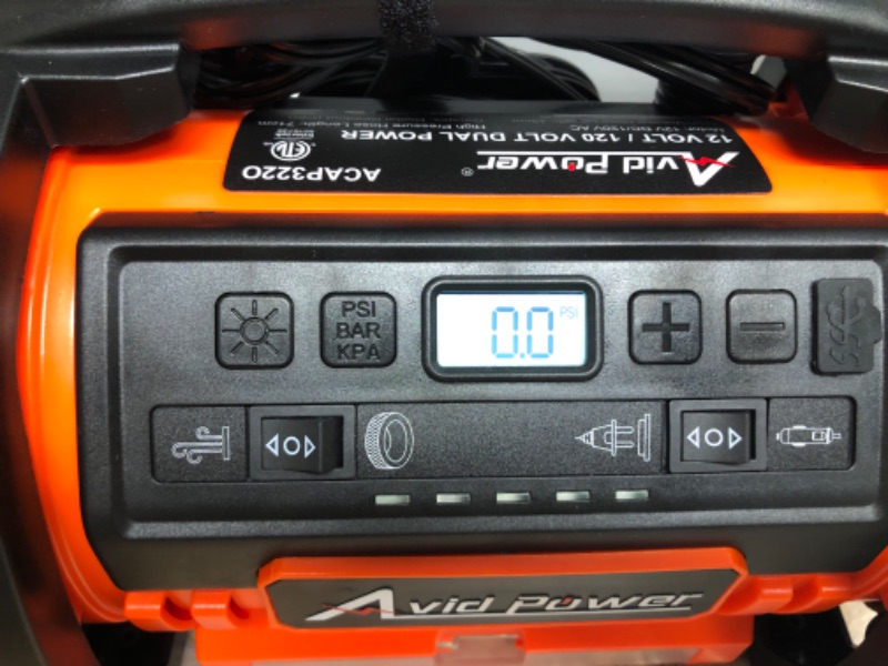 Photo 2 of AVID POWER Tire Inflator Portable Air Compressor, 12V DC / 110V AC Car Tire Pump, Air Mattress Pump with Inflation and Deflation Modes, Dual Powerful Motors, Digital Pressure Gauge 3-orange