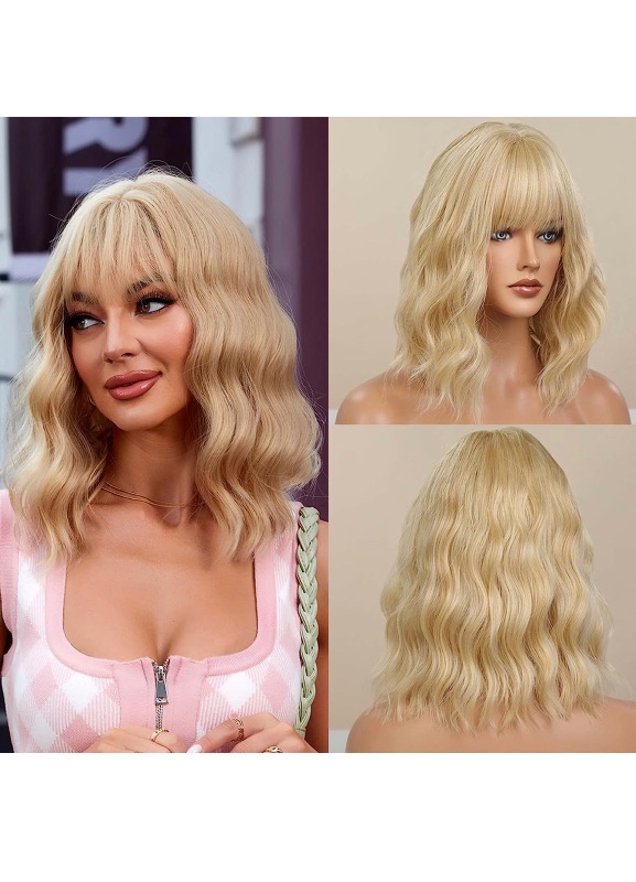 Photo 1 of Blonde Wigs for Women 14 Inch Curly Wavy Wig Natural Looking Synthetic Heat Resistant Fiber Wig for Daily Party Costume Cosplay Use