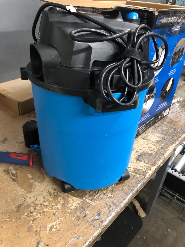 Photo 3 of **EXTENSION CORD NOT INCLUDED**  Vacmaster VJC507P 5-Gallon* 3 Peak HP** Wet/Dry Shop Vacuum, Blue, 5 gal & Woods 267 16/3 Outdoor Heavy Duty, Waterproof Flexible Vinyl Jacket, 3-Pronged, 25-Foot Extension Cord, Bush, Orange 5 Gal 3 PHP Vac + Vinyl Jacket