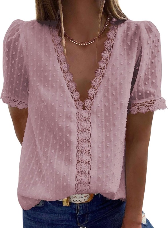 Photo 1 of Yliping Loose Blouse Women's Fashion Lace Short Sleeve Casual Vintage V-Neck Solid Color Top Clothes for Women Femininas (Color : Pink, Size : M)
