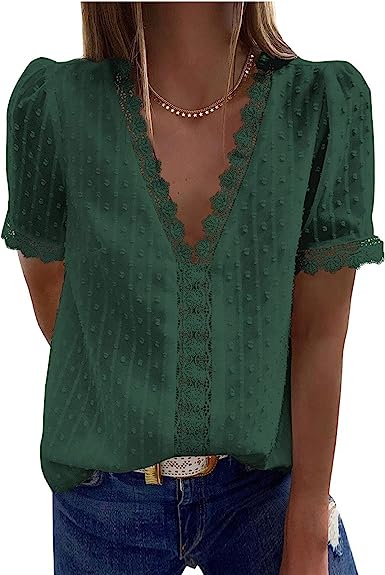 Photo 1 of Lace Summer Tops for Women Casual Flared Short Sleeve V Neck Tee Blouses Fashion Solid Color Tshirts Loose Tunic Tops, SIZE XL
