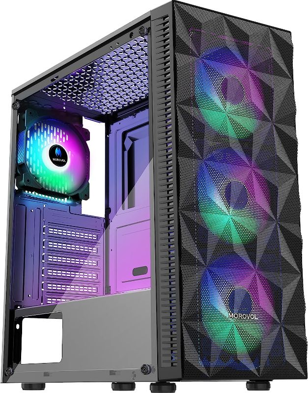 Photo 1 of MOROVOL PC Case Pre-Install 4 RGB Fans, ATX Gaming Computer Case with Diamond-Shaped Mesh Front & Tempered Glass Side Panel, USB 3.0 Airflow Mid Tower case,621
