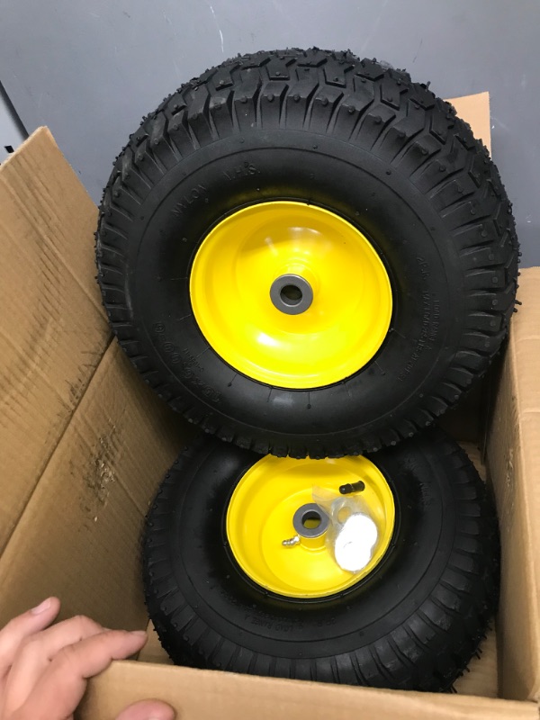 Photo 2 of (2 Pack) AR-PRO Exact Replacement 15" x 6.00 - 6" Front Tire and Wheel Assemblies for John Deere Riding Mowers - Compatible with John Deere 100 and D100 Series - 3” Hub Offset and 3/4” Bushings 15" x 6.00-6" Yellow