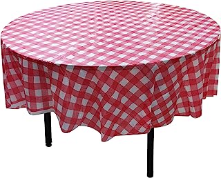 Photo 2 of 10 Pack 84 inch Round Plastic Tablecloth, Checkered BBQ Tablecloth,Red & White Gingham Plastic Tablecloth.