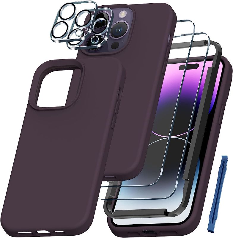 Photo 1 of 4pcks of QHOHQ [5 in 1] for iPhone 14 Pro Case, with 2X Screen Protector + 2X Camera Lens Protector, Soft Silicone Military Shockproof Slim Thin Phone Case 6.1 Inch, Deep Purple
