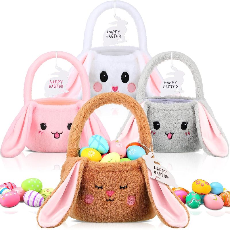 Photo 1 of Bundle of 3 Packs of 4 Pieces Easter Fluffy Bunny Baskets Easter Baskets Plush Bunny Candy Bucket with Foldable Ears and Rabbit Ornament Toy Storage for Girls Boys Teens Gift (Pink, Blue, Purple, Green)