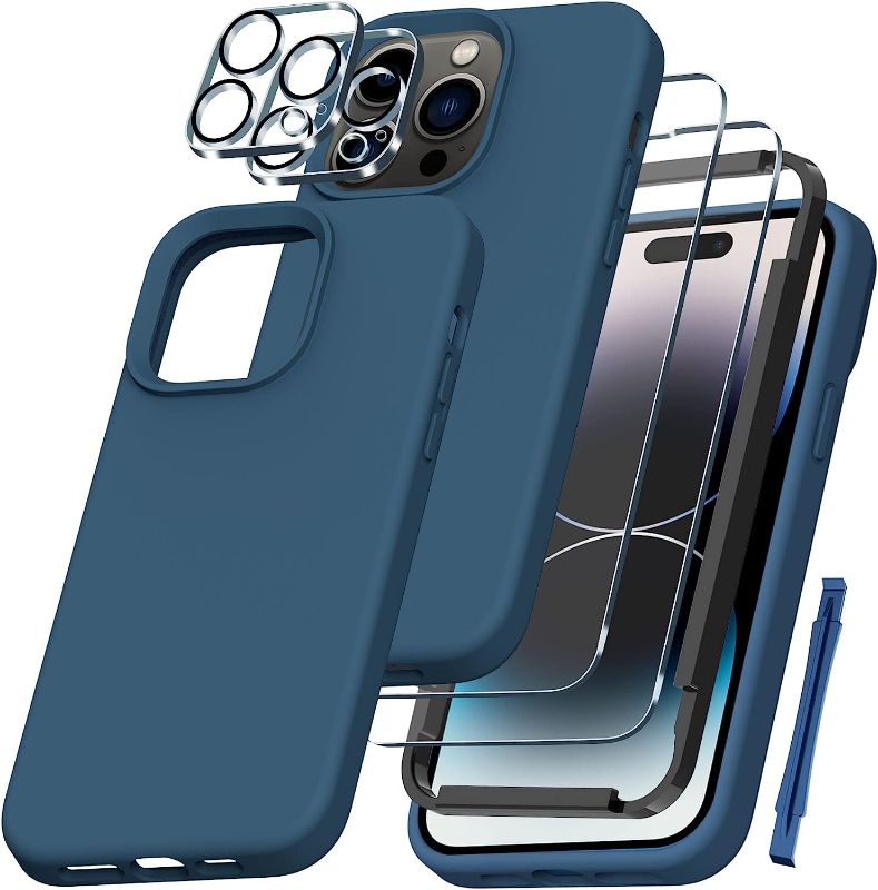 Photo 1 of 4pcks of QHOHQ [5 in 1] for iPhone 14 Pro Case, with 2X Screen Protector + 2X Camera Lens Protector, Soft Silicone Military Shockproof Slim Thin Phone Case 6.1 inch, Cobalt Blue
