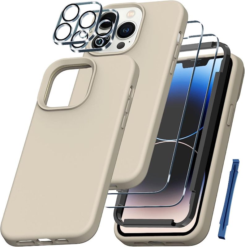 Photo 1 of 4pcks of QHOHQ [5 in 1] for iPhone 14 Pro Case, with 2X Screen Protector + 2X Camera Lens Protector, Soft Silicone Military Shockproof Slim Thin Phone Case 6.1 inch, Stone
