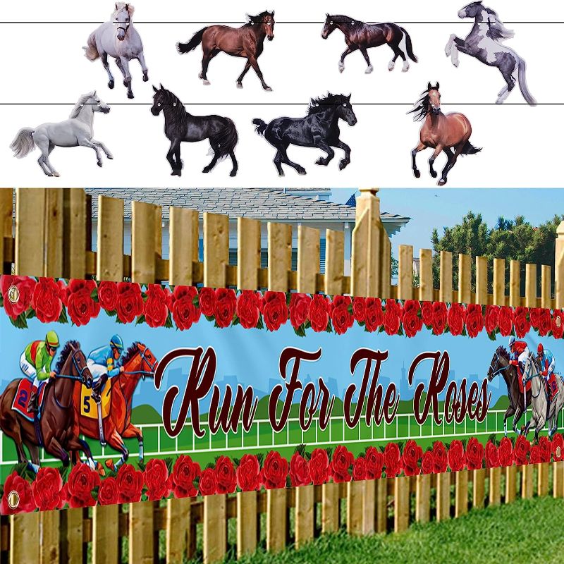 Photo 1 of 2 Pcs Kentucky Derby Banner Set, Kentucky Derby Horse Racing String Flag with Pennant Banner for Kentucky Derby Horse Racing Game Party Decor Supplies (Kentucky Derby Banner)