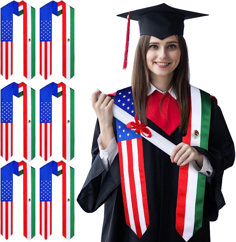 Photo 1 of 6 Pieces Graduation Stole Satin Country 72 Flag Graduation Sash for International Graduate High School and University Graduation(Mexico, American)