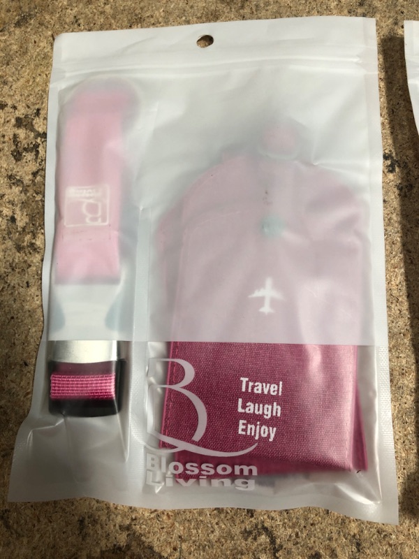 Photo 2 of BLOSSOM LIVING 2 Luggage Tags for Suitcases & 1 Adjustable Travel Bag Strap Set - Unique Luggage Identifiers with Privacy Protection Cover - Pink pack of 2