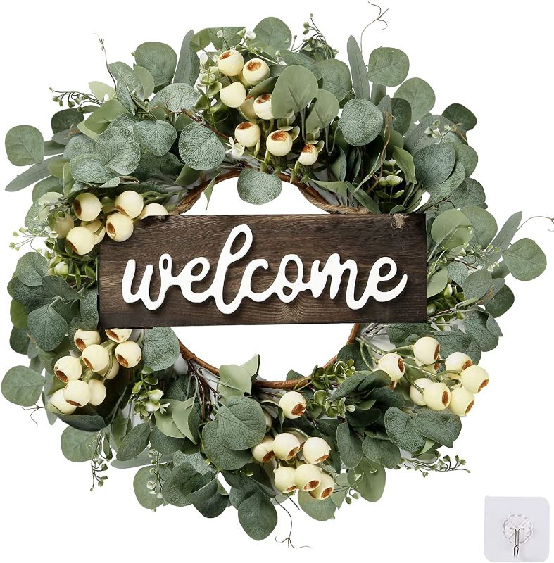 Photo 1 of *SIMILAR TO STOCK PHOTO* Welcome Sign Summer Front Door Wreaths,14”Artificial Green Eucalyptus Rose Flower Wreath, Rattan Frame Hydrangea Wreath for Front Door Wall Window Room Outdoor Decor Lasting Surprise?Green?