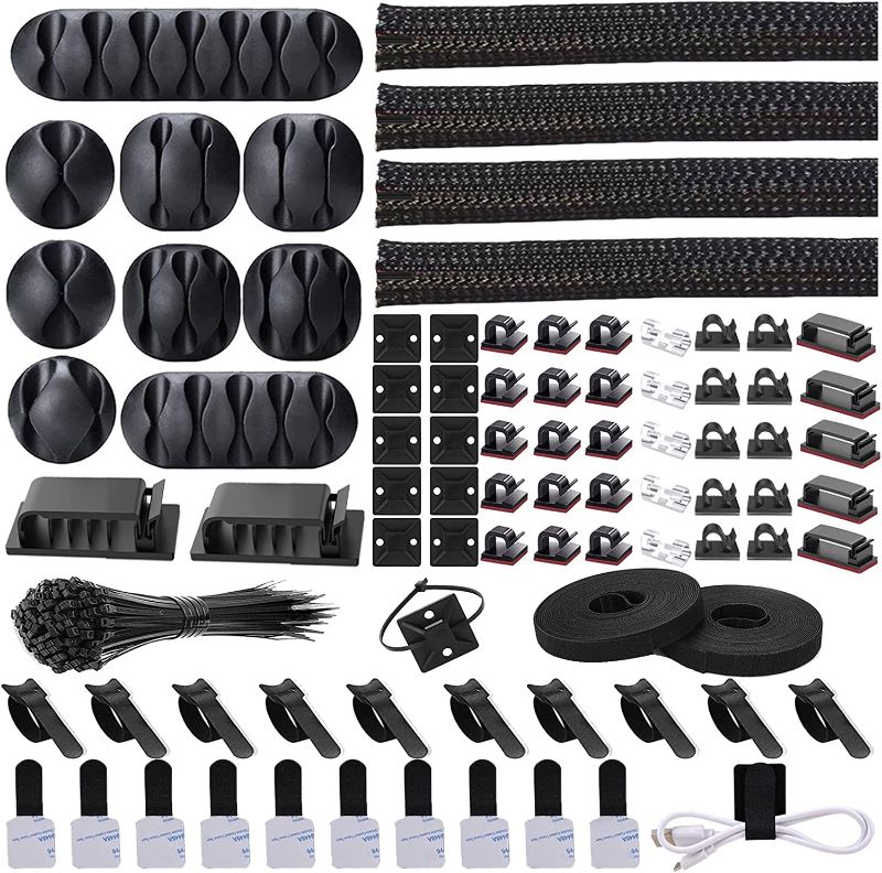 Photo 1 of *SIMILAR TO STOCK PHOTO* 126pcs Cord Management Organizer Kit 4 Cable Sleeve with Zipper,10 Self Adhesive Cable Clip Holder,10pcs and 2 Roll Self Adhesive tie and 100 Fastening Cable Ties for TV Office Home etc (Black)