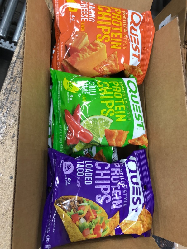 Photo 1 of Quest Nutrition Tortilla Style Protein Chips Variety Pack, Chili Lime, Nacho Cheese, Loaded Taco, 1.1 Ounce (Pack of 12)
