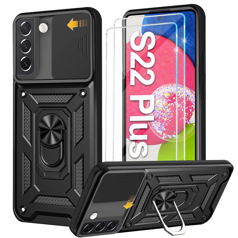 Photo 1 of Neivi Case for Samsung Galaxy S22 Plus Case with Magnetic Kickstand Slide Camera Cover Protector[8FT Military Shockproof Protection] Bumper Car Mount Phone case for Galaxy S22+ Plus 5G (Black) 2 pack 