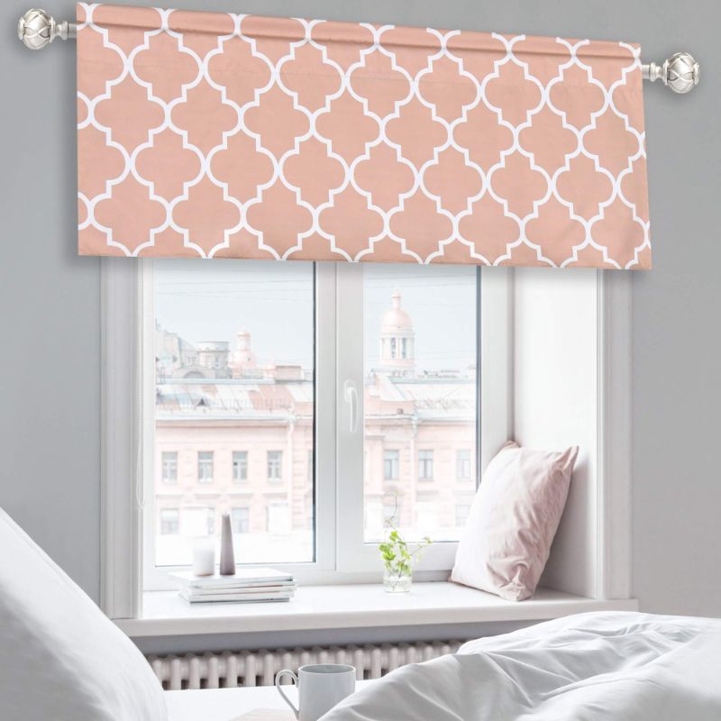 Photo 1 of Blush Pink Valances for Girls Room Rod Pocket Blackout Moroccan Tile Quatrefoil Curtain Valance for Kitchen Bathroom Nursery Bedroom Girls Windows - Blush and White 1 Panel 52 by 18 Inches Long 52" W x 18" L Blush Pink
